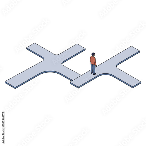 A person stands at the crossroads of two diverging paths in an illustration.