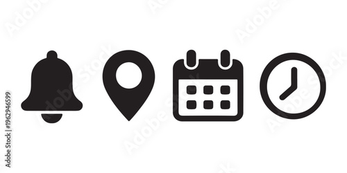 Location, time, calendar and notification bell icons set. 