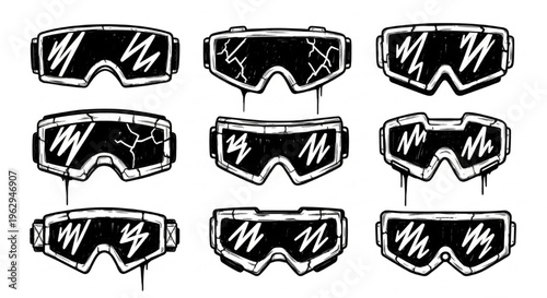 Urban Graffiti Futuristic Visors and Goggles Vector Illustration Sheet in Black Ink Grunge Punk Street Art Style