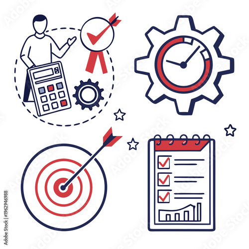 Business icons set including target, checklist, and clock