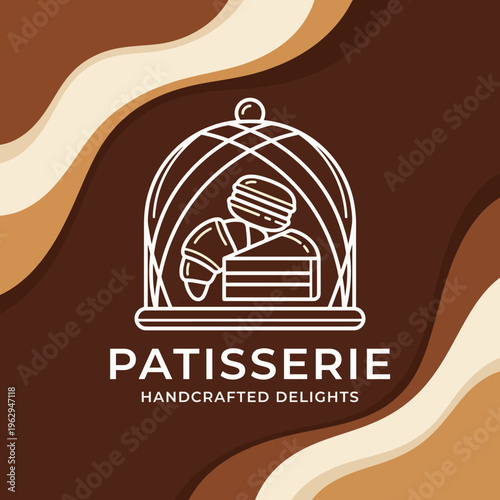 A sophisticated logo design for a patisserie showcasing handcrafted desserts, portraying a blend of culinary art and luxury while inviting patrons to indulge in sweet delights.
