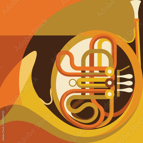 An artistic representation of a French horn featuring swirling colors and abstract shapes, capturing the grace and movement of music in a visual format.