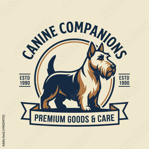 A classic logo design showcasing a charming dog, representing loyalty and companionship, ideal for a pet care brand committed to providing premium goods and services for pets.