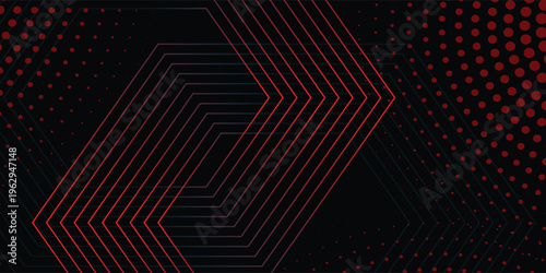 Abstract Red and Black Hexagonal Wireframe with Halftone Dots