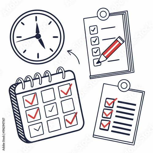 A group of checklist, calendar and clock