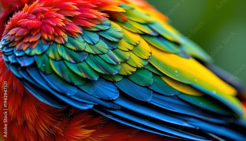 Obraz premium The image features a close up of a colorful bird's feathers, showcasing a vibrant array of hues including red, orange, yellow, green, blue, and hints of purple