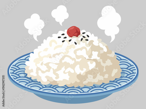 A delicious steaming bowl of rice garnished with a red item on a blue plate, showcasing a traditional and appetizing meal perfect for culinary contexts.