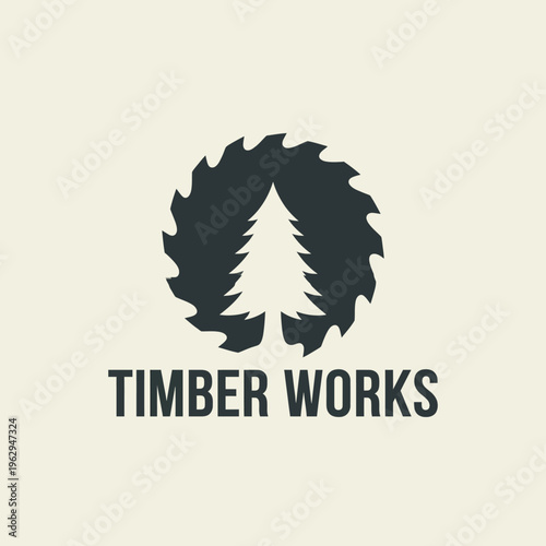 A logo representation for Timber Works featuring a saw and tree, embodying craftsmanship and dedication to quality in woodworking and construction industries.