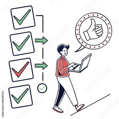 Man working on laptop with checkmarks