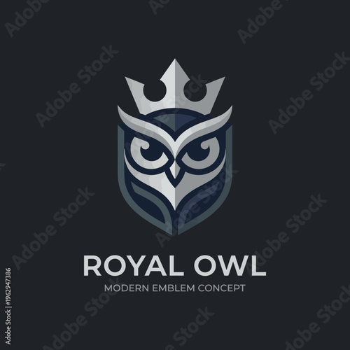 An elegantly designed royal owl emblem adorned with a crown, representing wisdom and nobility, presented in a striking modern style perfect for branding and logos.