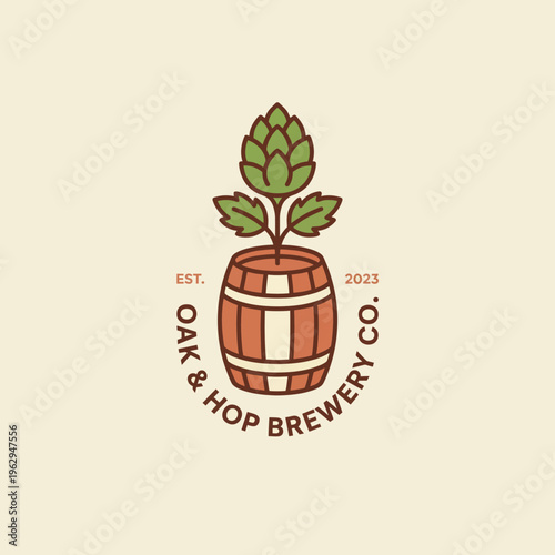 An inviting logo for Oak & Hop Brewery, featuring a beer barrel and hops, embodying the essence of craft brewing and the warmth of shared experiences.