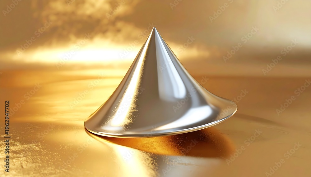 Fototapeta premium Shiny Metallic Cone on Golden Reflective Surface.