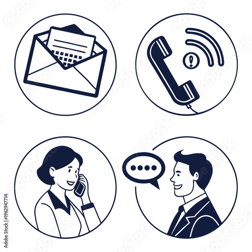 Icons of communication methods and people talking on phones