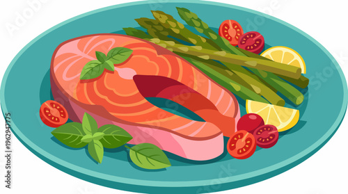 A beautifully presented salmon steak, garnished with colorful veggies like asparagus, lemon slices, and cherry tomatoes, showcasing a healthy and appetizing meal option.