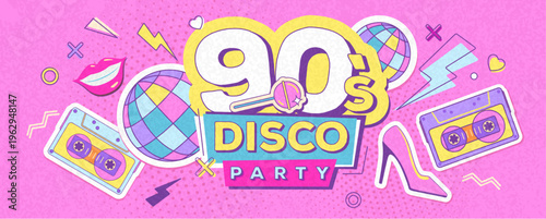 Retro disco poster or banner of 80s-90s with audio cassettes, disco ball, chupa chups, high heels and smiling lips. Memphis style background. Vector illustration