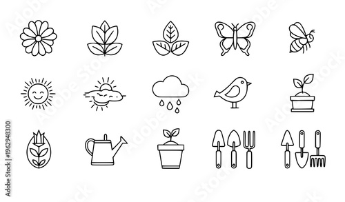 Spring Gardening and Floral Line Icons Editable Stroke Vector Illustration