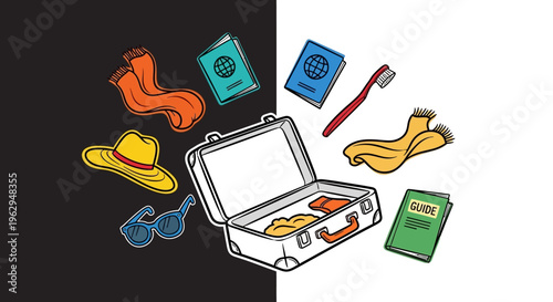 Colorful illustration of travel accessories.