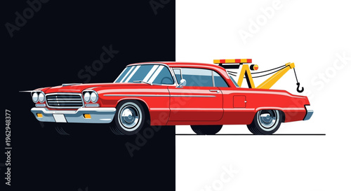 Vintage red car being towed away.