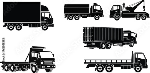 Collection of various truck silhouettes for industrial and transportation use