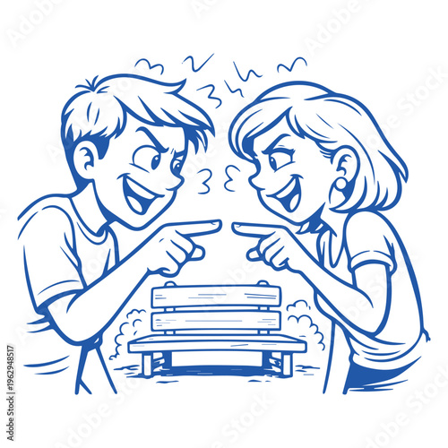 Two children argue and point at each other in anger outdoors near a bench.