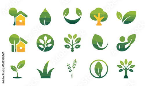 Set of fifteen green eco friendly featuring stylized trees leaves plants grass and houses with layered color gradients on a white background