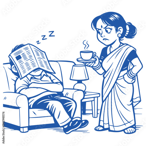 Woman serves coffee to sleeping man reading newspaper on couch indoors.