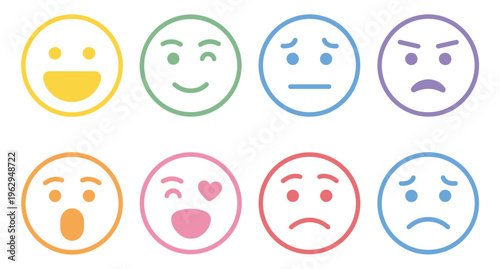 Set of eight colorful circular line emoji displaying various facial expressions including happy winking neutral angry surprised loving sad and worried faces on a plain white background