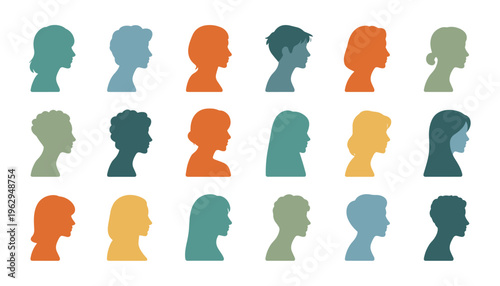 Set of eighteen colorful human head silhouettes in profile view arranged in a grid on a white background featuring various hairstyles and gender neutral shapes in muted tones