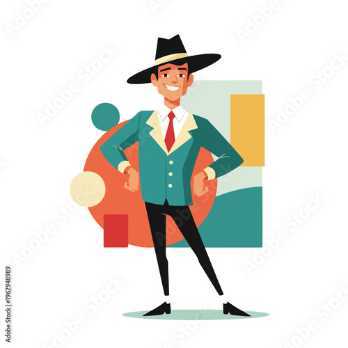 A smiling man in a suit and hat, standing with hands on hips