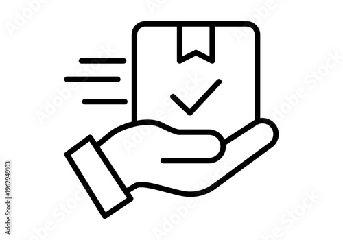 Icono lineal de una mano sujetando un paquete con una marca de verificación que simboliza una entrega confirmada y rápida