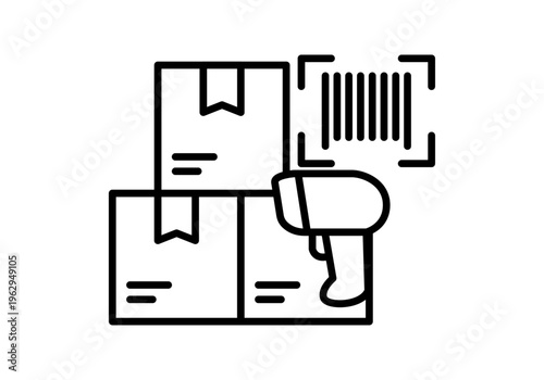 Icono lineal de un escáner manual procesando códigos de barras en cajas de cartón para gestión de almacén e inventario