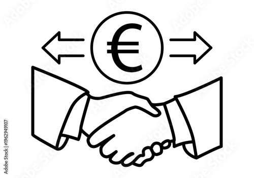 Icono lineal de un apretón de manos con el símbolo del euro y flechas que representan un acuerdo comercial o transacción financiera