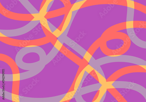 Patrón de líneas curvas entrelazadas en tonos naranja y lila sobre un fondo púrpura vibrante