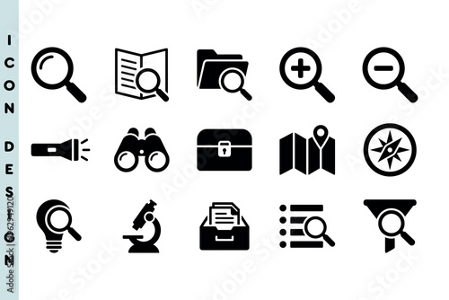 Set of icons for data analysis and evidence tracking. Solid symbols for magnifying glass, treasure chest, map location, and microscope laboratory equipment. Solid vector design.