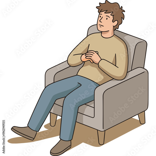 Man sitting on sofa looking worried and anxious indoors