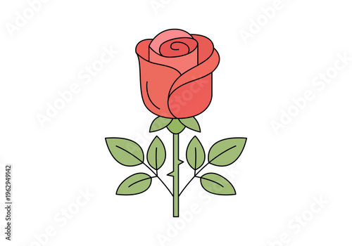 Rosa roja con tallo de espinas y hojas verdes