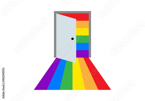 Puerta abierta que revela un camino con los colores del arcoíris simbolizando la salida del armario y la libertad lgbtq