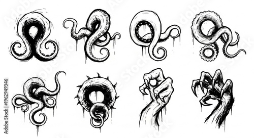 Urban Graffiti Tentacles and Monster Arms Vector Illustration Sheet in Black Ink Grunge Punk Street Art Style