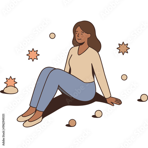 A woman sits on the ground surrounded by falling objects and stars.