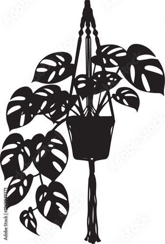 Black silhouette of a potted plant with large leaves on a macrame hanger