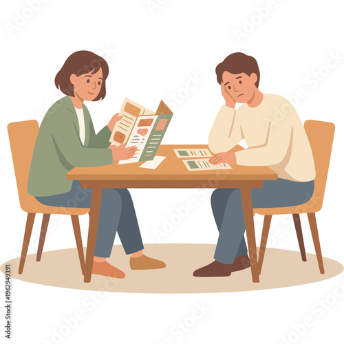 Two people sitting at a table looking at magazines and papers in a casual setting.