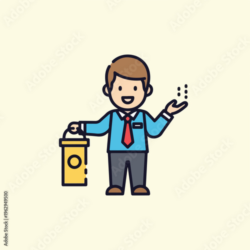 A smiling man in a suit holds a container and sprinkles something