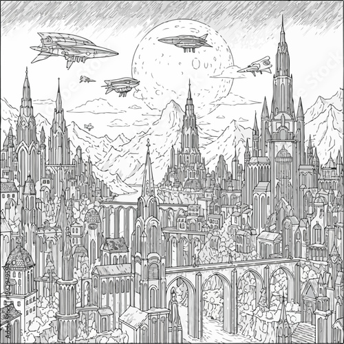 A sprawling, futuristic city with airships, mountains, and a large moon