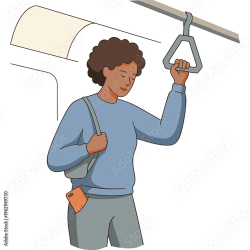 Man holds handle while standing on public transport with bag