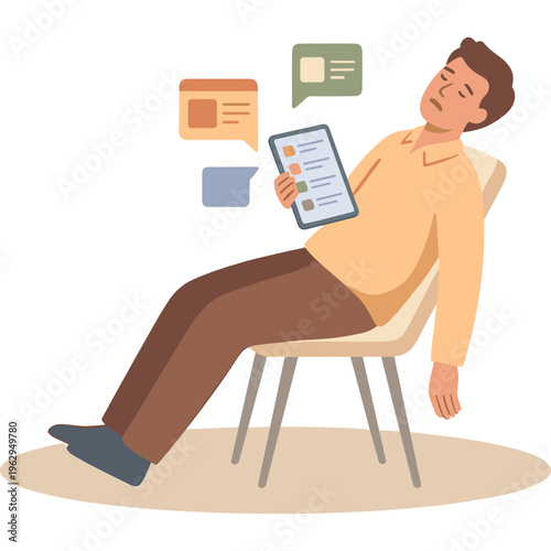 Man reclines on chair reading tablet with speech bubbles floating