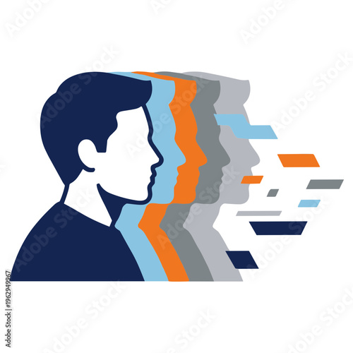 A man's head is fragmented into multiple colorful thoughts.