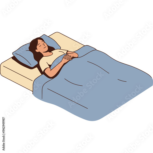 Woman lies peacefully in bed under blue blanket at home