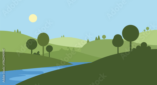 A serene landscape featuring hills, trees, river and sun
