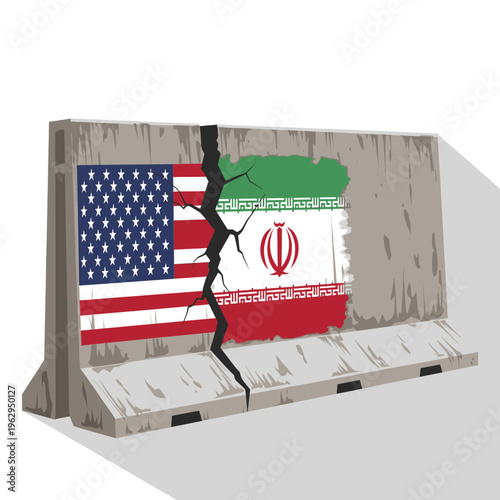 US Iran Conflict Illustration Political Barrier Divided Flags Symbolism Tension Geopolitical Relations International Dispute Graphic Design Artwork