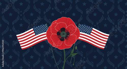 A poppy and flags over a star and laurel background